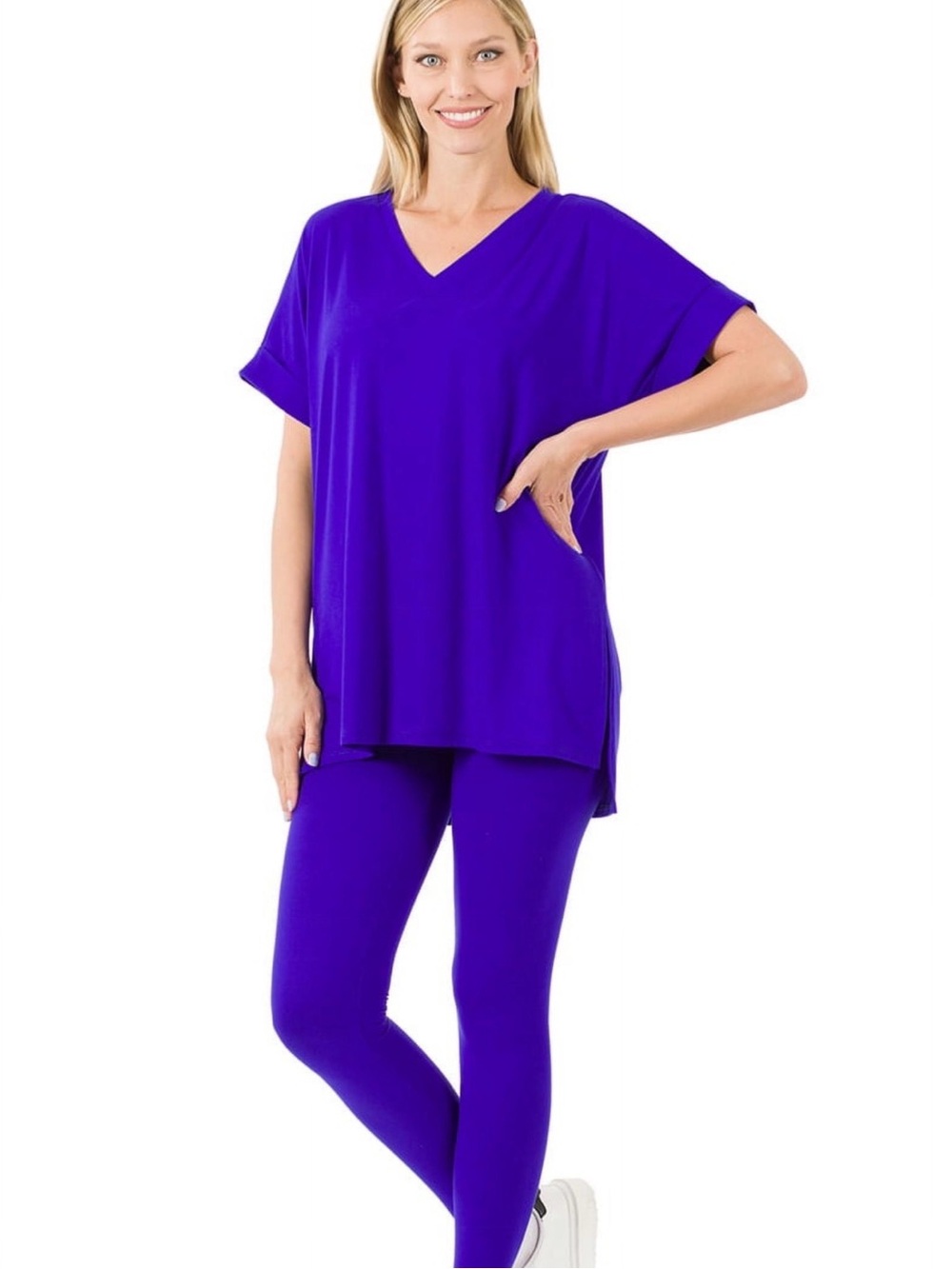 Zenana microfiber Vibrant Royal Purple V-Neck Tunic and leggings set Sz L